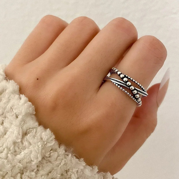 925 Sterling Silver Minimalist Twist Bead Ring Stackable Dainty Ring - Picture 1 of 5